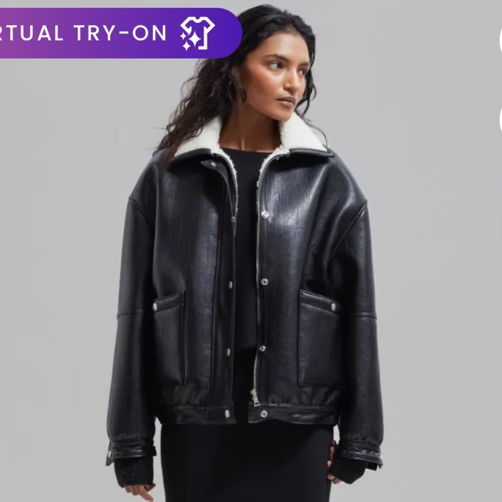 Womens Black Faux Leather Bomber with Cream Shearling